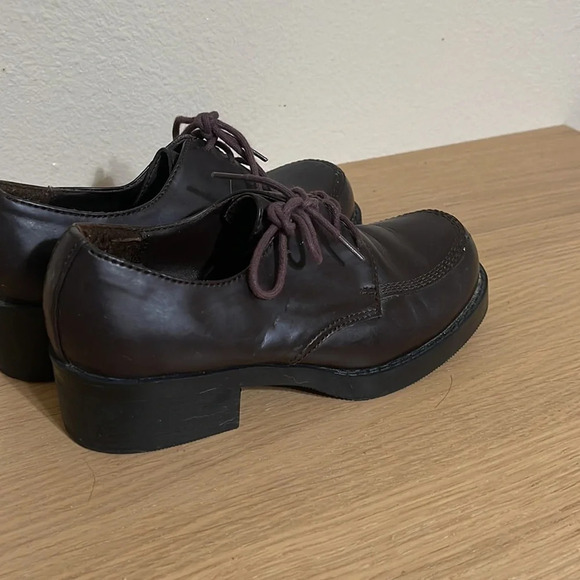 Vintage 90s Y2K Lower East Side Brown Faux Leather Chunky Loafer Lace Up Shoes 6 - Picture 4 of 16